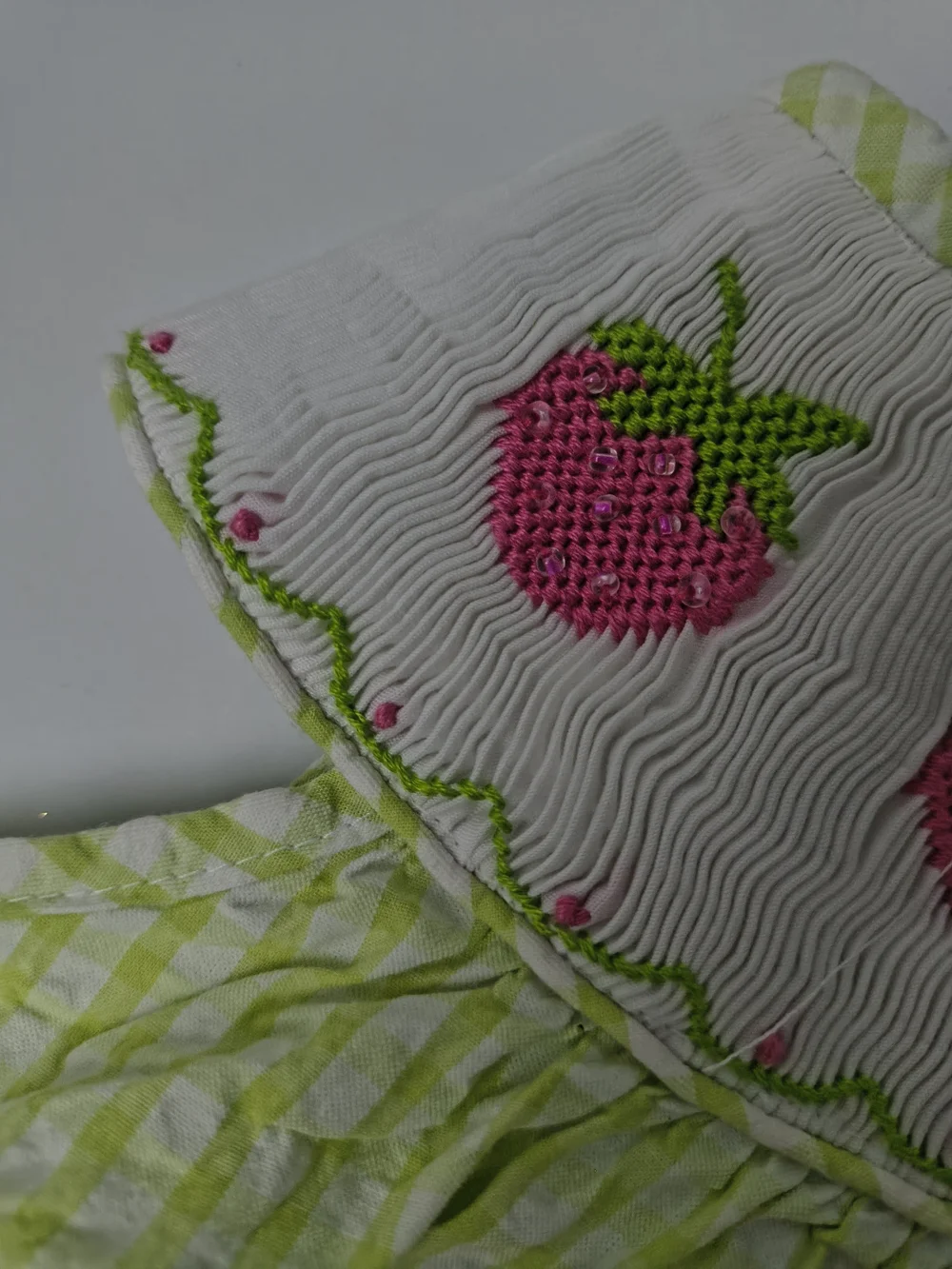Girls Green Gingham  Dress with Pink Strawberry Embroidery